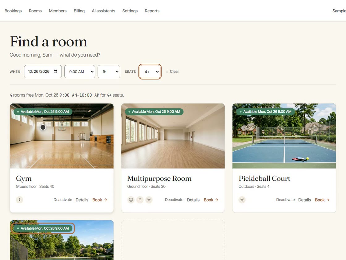 The SummaBooking Find a room screen: a gym, courts and meeting rooms marked Available for the chosen time.